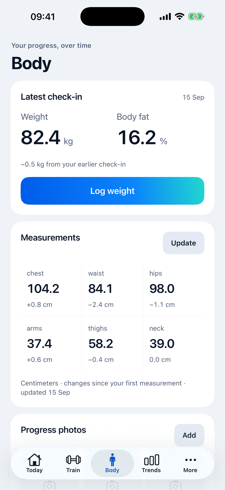 The Body tab in Fitaio with weight trend, body fat and measurements