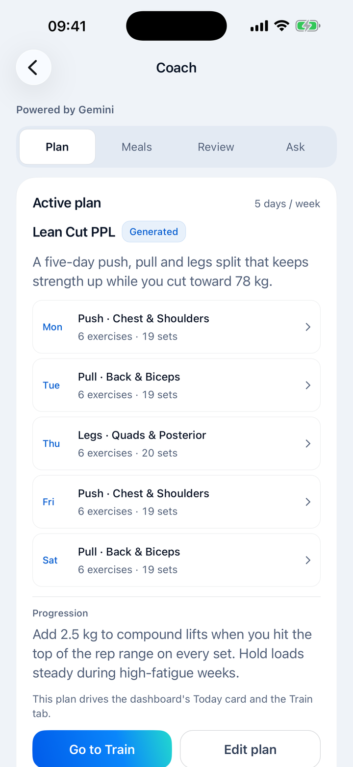 The Coach screen with the Plan tab open, showing a generated five-day push, pull and legs plan