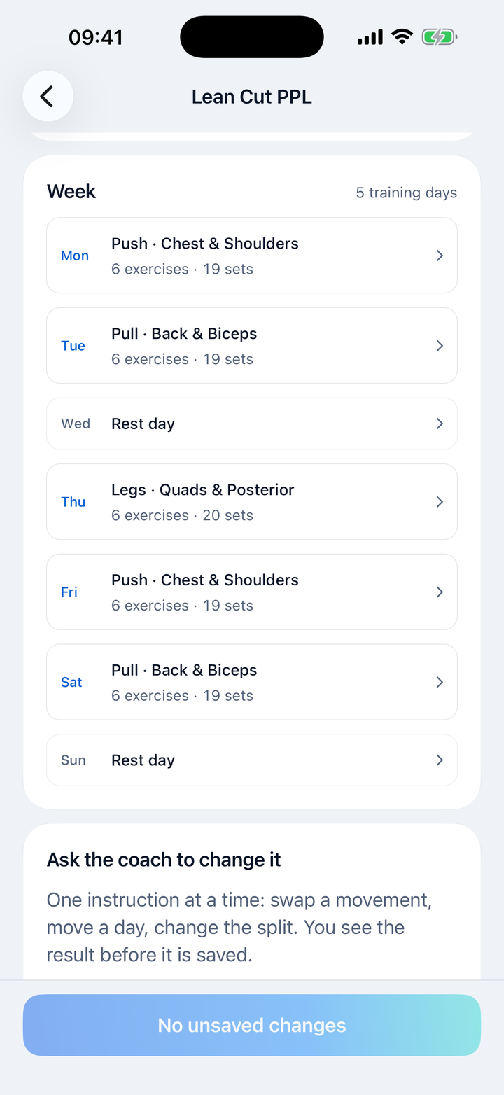 A weekly training plan in Fitaio listing push, pull and legs days with exercise and set counts
